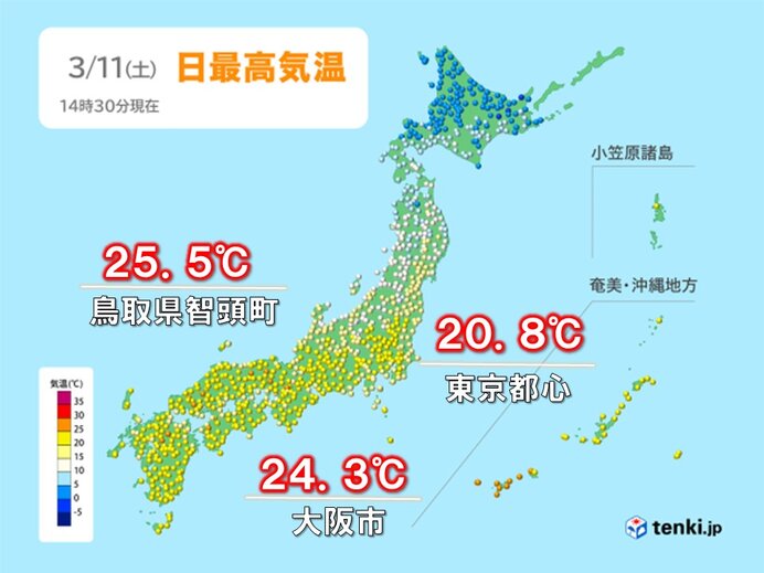 3月なのに暑いくらいの陽気　西日本で夏日の所も　大阪市で夏日に迫る24℃台