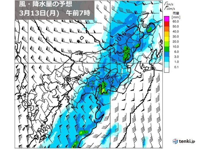 13日(月)は寒冷前線が通過　午前中は雷や突風を伴った強い雨に注意