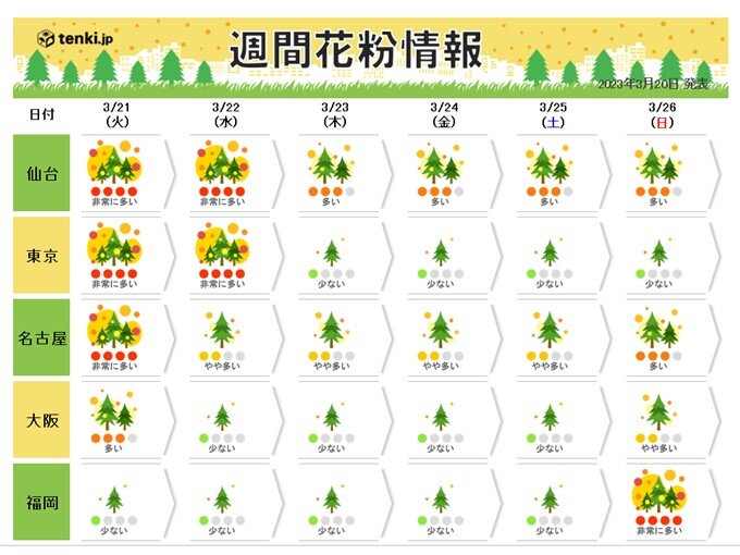 あす21日は東海や関東、東北で花粉が大量飛散予想　22日以降は雨で一旦落ち着く