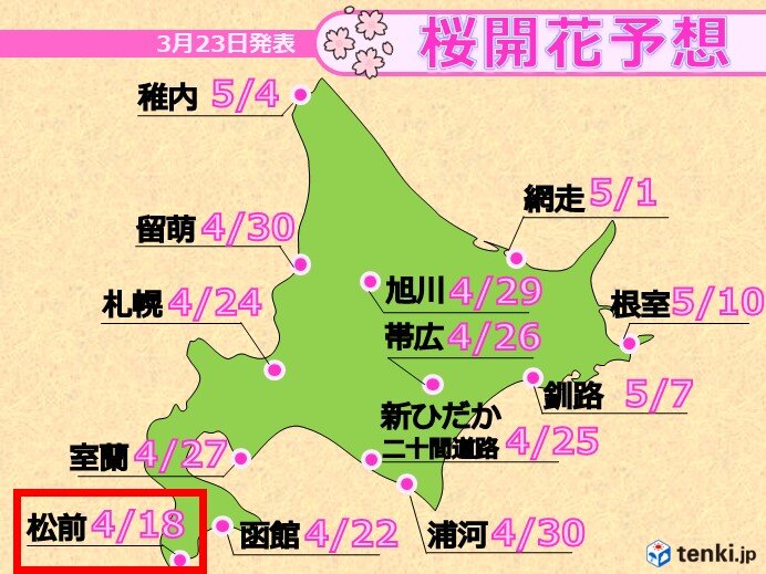 3～4週目(4月8日～21日)　桜前線道内に上陸へ