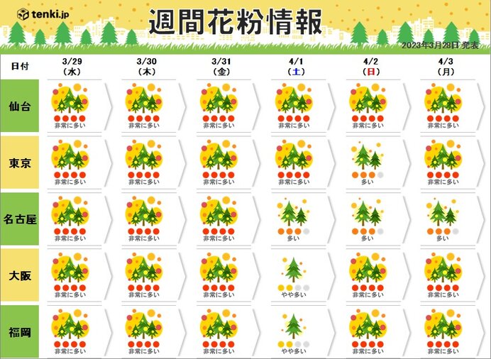 花粉週間　九州～東北で連日非常に多い　関東も雨上がりで大量飛散　新年度も対策を