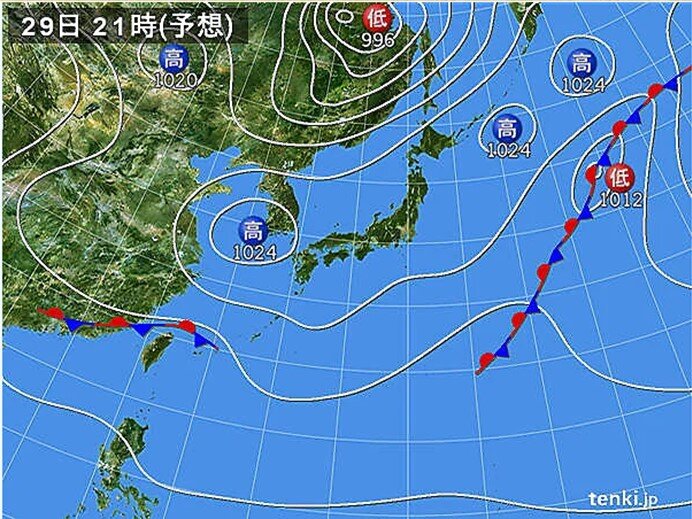 きょう29日の天気　晴れる所が多い　関東付近はにわか雨