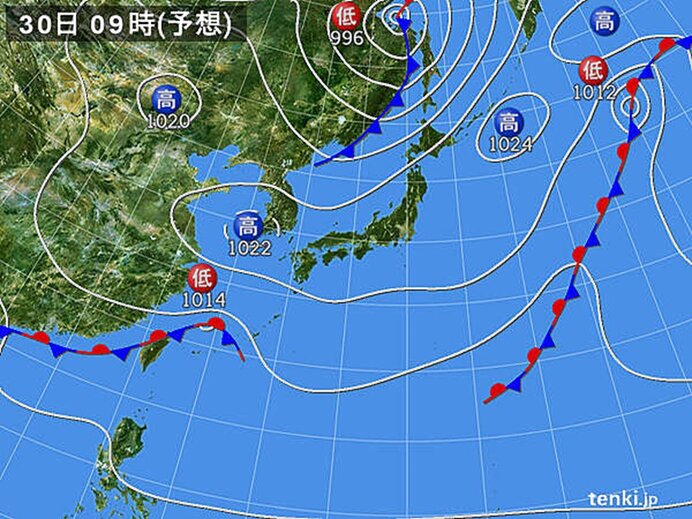 明日(30日)は気圧の谷の影響で天気は下り坂