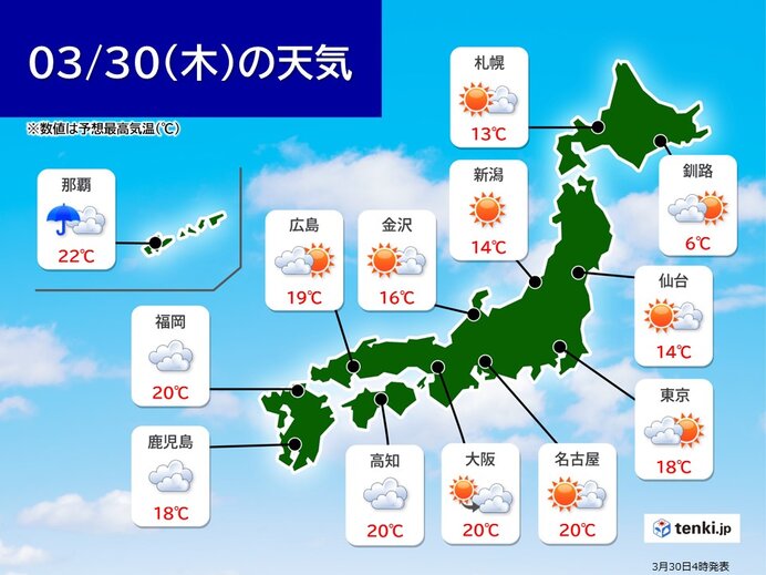 きょう30日　暖かな日差し届く　関東周辺は天気急変に注意　沖縄では激しい雨や雷雨