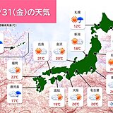 31日の天気　本州付近は花曇り　沖縄や九州南部、東北北部、北海道は所々で雨や雷雨