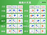 関西　15日(土)は再び大雨の恐れ　16日(日)は天気の急変に注意を