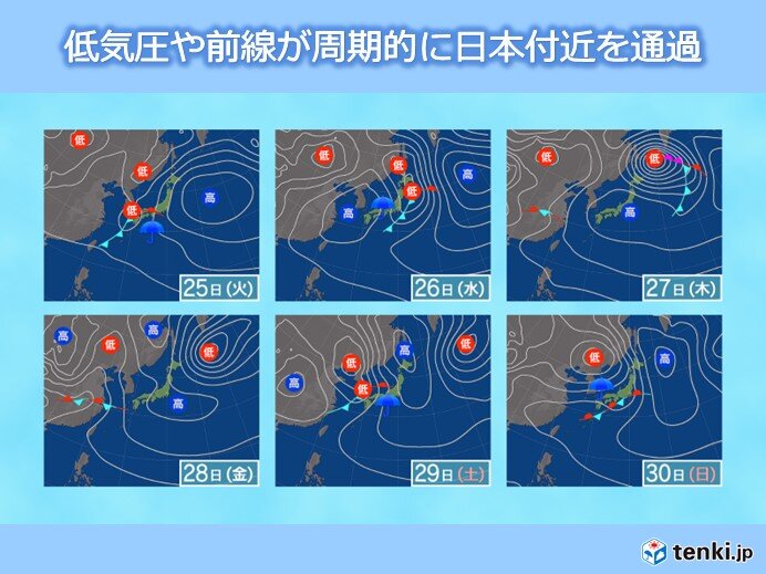 24日(月)～30日(日)　天気は周期変化　26日(水)ごろは雨脚が強まる恐れ