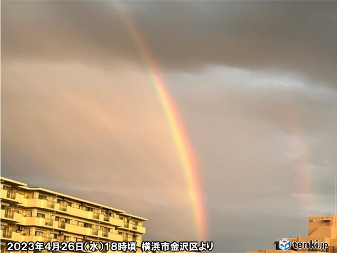 雨上がり　横浜でダブルレインボー出現　夕虹は晴れ　あす27日は晴れて快適な陽気に