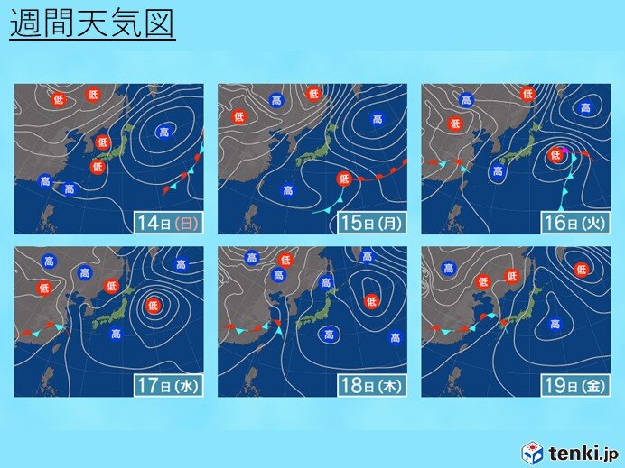 13日(土)～19日(金)　雨雲や雷雲が発達