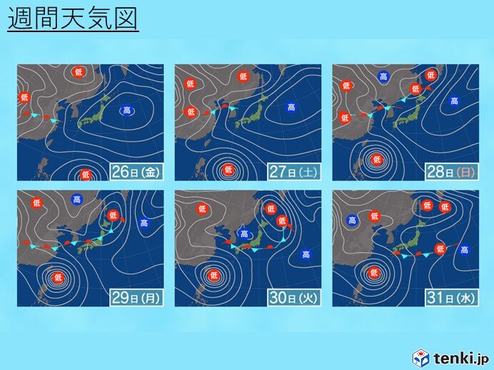 25日(木)～31日(水)　沖縄は週末から台風の影響大　九州～東北は前線の影響で雨