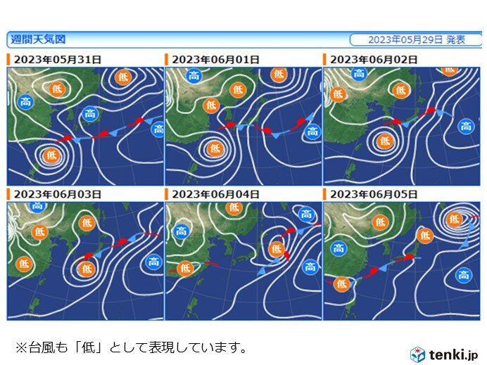 週間天気図　1日(木)～2日(金)前線に向かって台風周辺の湿った空気が流れ込む
