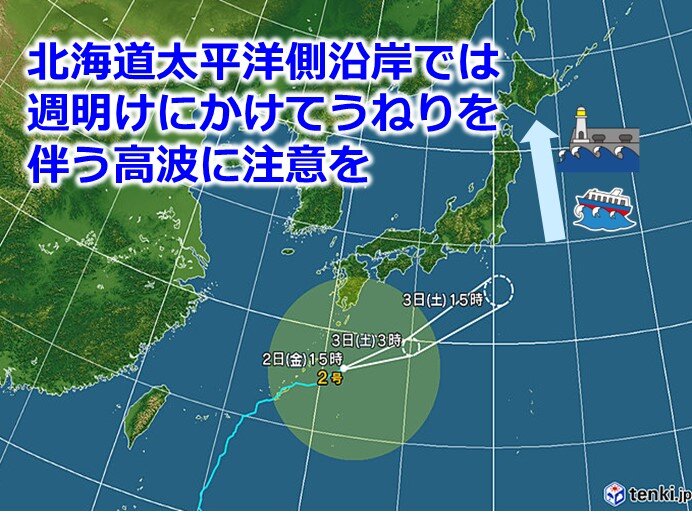北海道　太平洋側ではうねりを伴った高波に注意を