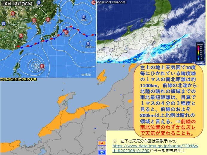 梅雨前線の南北位置がわずかにずれるだけで天気が変わる事例