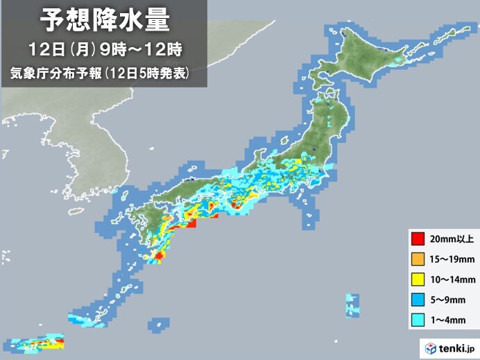 きょう12日　四国～東海は昼頃まで局地的に激しい雷雨　土砂災害や浸水害に注意