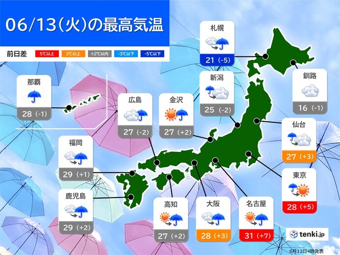 13日 東海や関東で昨日より気温上昇 名古屋は真夏日 都心は7月並み 熱中症注意(気象予報士 日直主任 2023年06月13日) - tenki.jp
