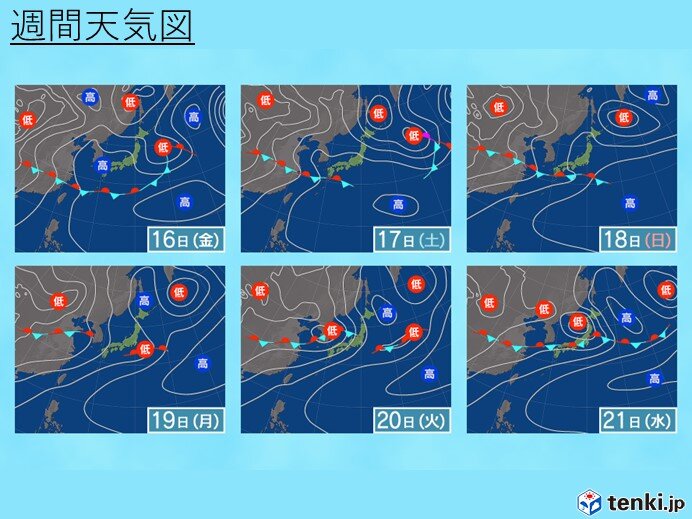 15日(木)～21日(水)　木～金は雨雲や雷雲が急発達　土日は晴れて暑くなる