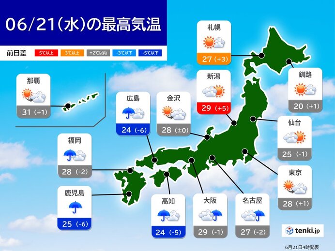 梅雨空エリアは暑さ落ち着くも湿気たっぷり　晴れエリアは真夏日も