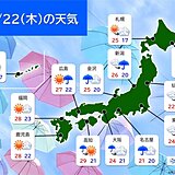 あす22日　西日本太平洋側で激しい雨や雷雨　東海や関東も本降りの雨で暑さおさまる