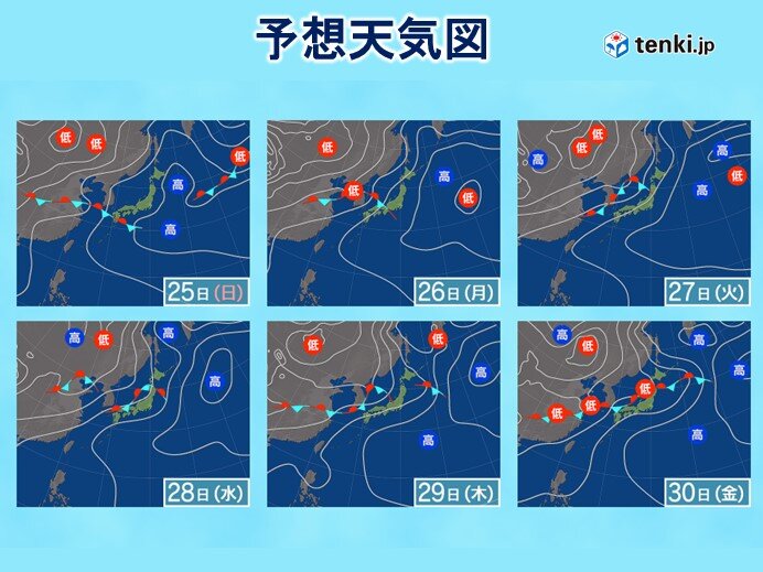 25日(日)　梅雨前線は本州付近へ北上