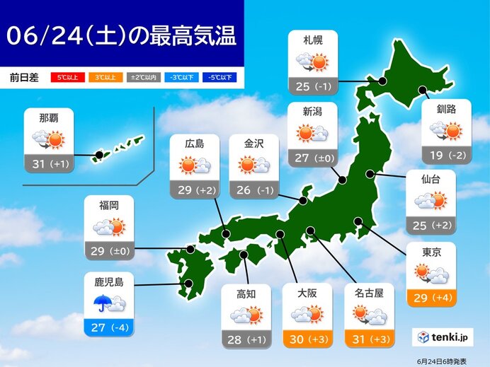 最高気温　全国的に平年並みか高い　湿気が多く　蒸し暑い