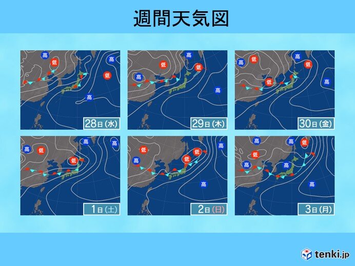 前半:27日(火)～7月3日(月)　30日(金)頃から大雨の恐れ