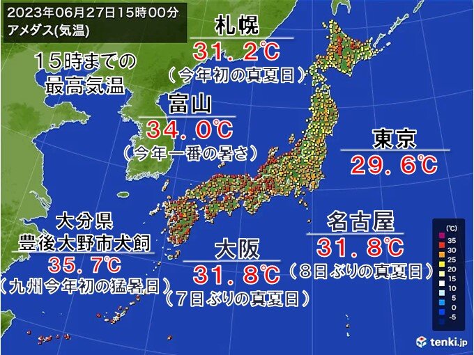 今日27日は九州で今年初の猛暑日　真夏日地点数は今年初の300超　明日も暑さ警戒