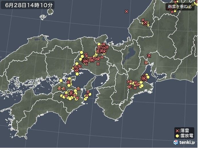兵庫県や京都府を中心に雷が盛んに発生