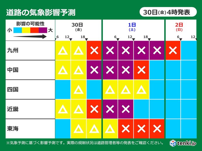 きょう30日～2日　「道路の気象影響予測」　大雨による道路への影響大