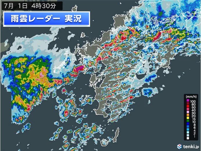 雨の実況　九州北部　土砂災害の発生が急激に高まる　川の氾濫に警戒