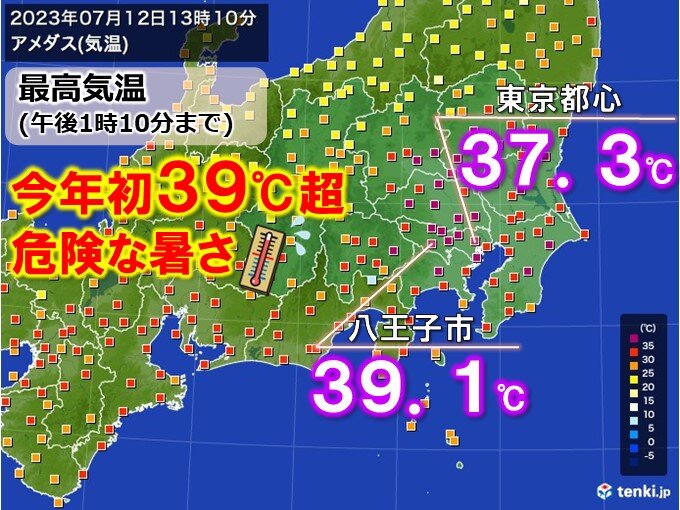 今年全国で初　八王子で39℃超　都心も体温を超える暑さ　気温上昇で天気急変に注意(気象予報士 日直主任)