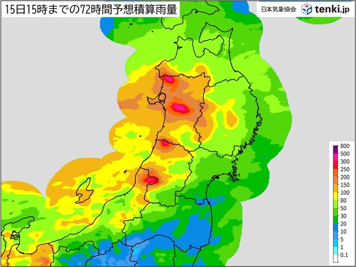 13日(木)も日本海側を中心に活発な雨雲　15日(土)頃は東北の日本海側を中心に大雨