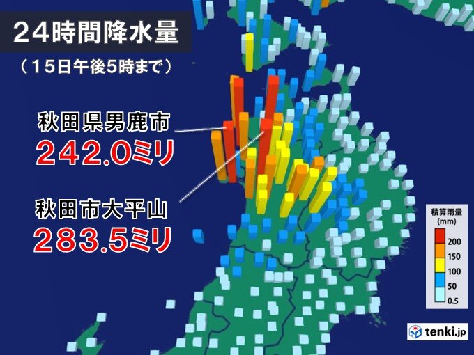 記録的な大雨　1日余りで300ミリに迫る雨