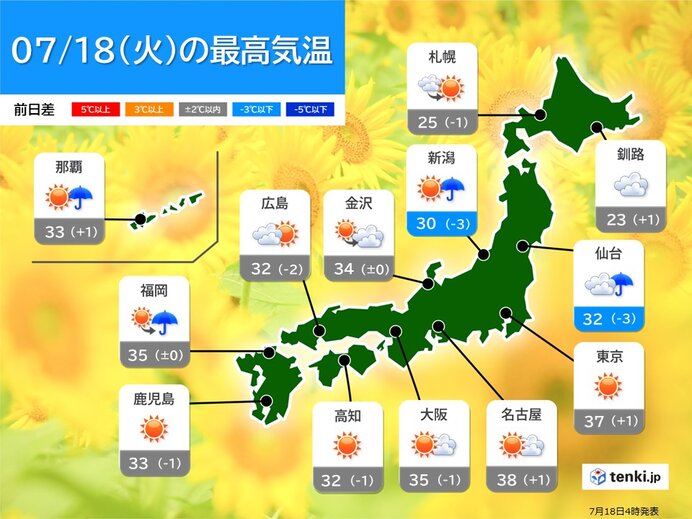 関東甲信、東海、近畿を中心に「危険な暑さ」も