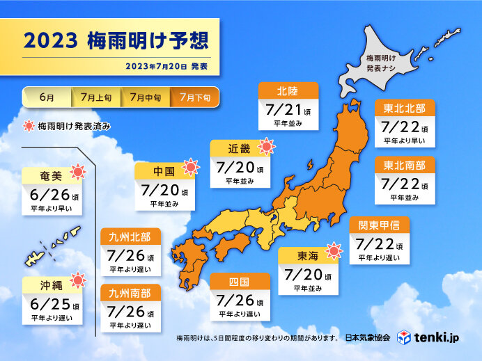 きょう20日は中国、近畿、東海で梅雨明け　他のエリアは梅雨明けいつ?