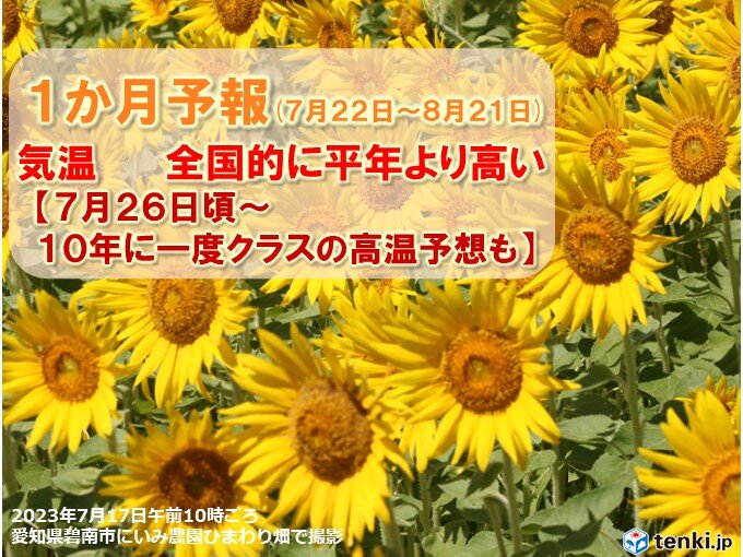 1か月予報　猛暑に警戒　来週後半から10年に一度クラスの高温も　お盆も厳しい暑さ