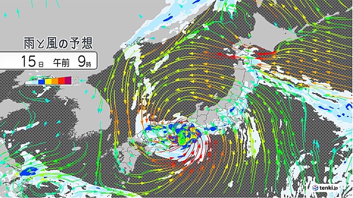 あす15日を中心に暴風雨