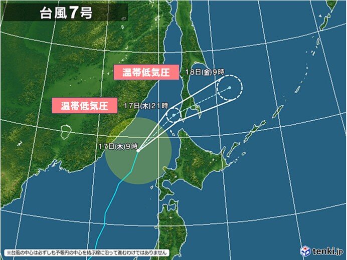 北海道の南西部　台風7号の強風域に