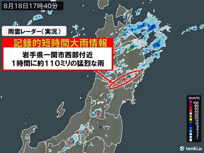 岩手県で1時間に約110ミリ「記録的短時間大雨情報」