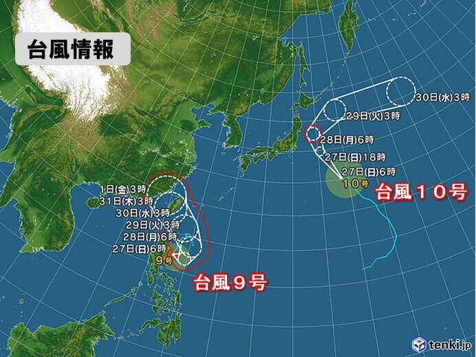 台風9号は猛烈な勢力で沖縄に接近か 台風10号は日本の東を北上 沿岸は ...