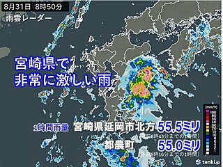 宮崎で1時間に50ミリ超の非常に激しい雨　24時間で270ミリ超　土砂災害に警戒