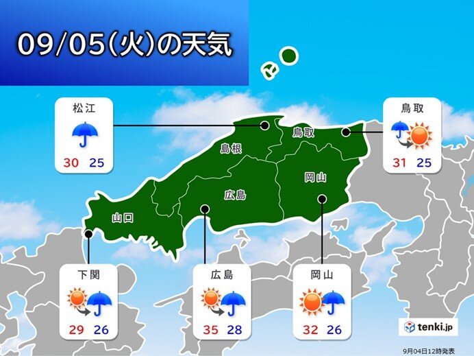 明日5日(火)北寄りの湿った空気の影響　最高気温は35℃前後の所も