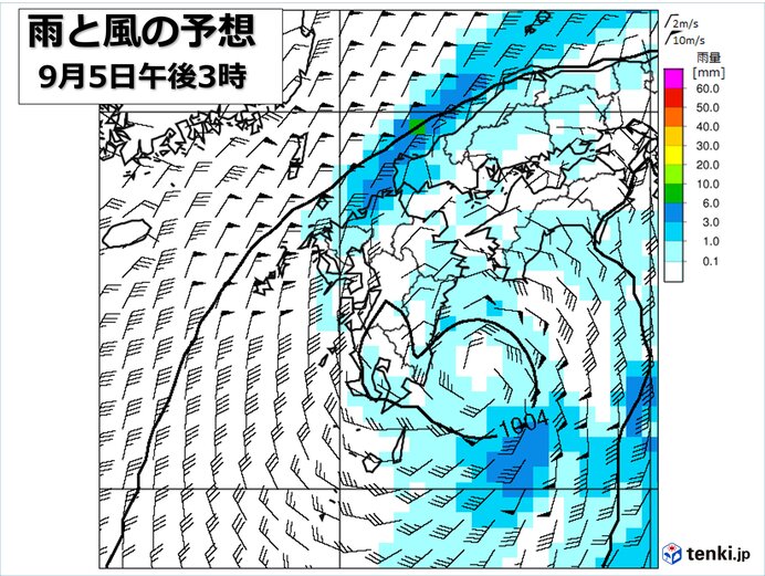 九州　熱帯低気圧の動き　6日朝にかけて、北部は局地的に激しい雨のおそれ