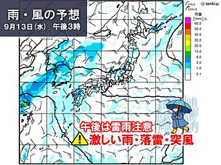 午後は雷雨注意　激しい雨・落雷・突風の恐れ　土砂災害などの危険度が高まる所も