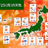 あす25日(月)も広く秋晴れ　日中は半袖で快適も朝はヒンヤリ　東京都心は朝18℃