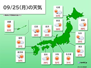 25日　北海道～近畿はさわやかな秋晴れ　中国・四国・九州は所々で雨が降る