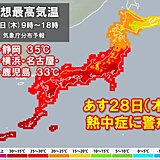 あす28日(木)　関東甲信や東海で35℃以上の猛暑日の所も　東北は大雨警戒