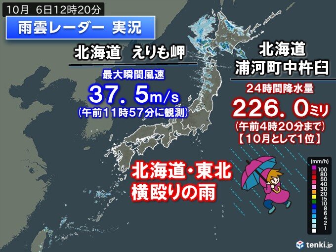 北海道　10月として記録的大雨も　えりも岬で最大瞬間風速37.5m/s　今夜まで暴風警戒