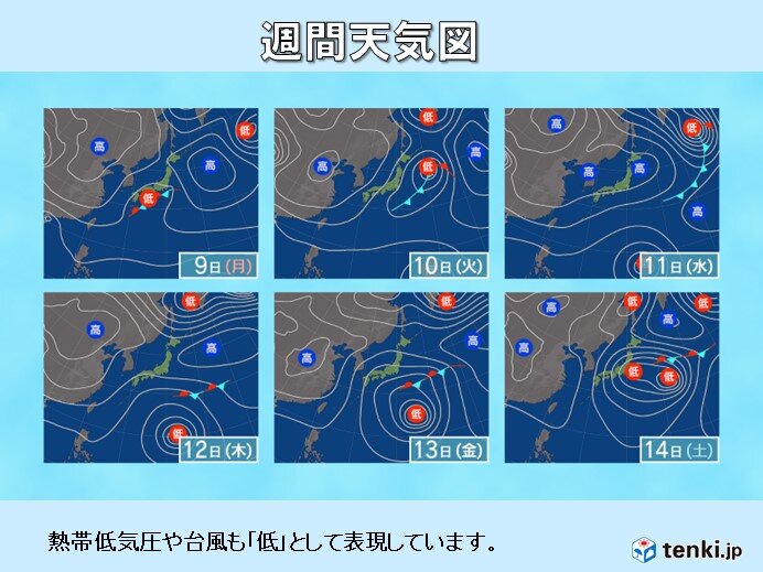 8日～14日　広く晴れるのは11日　12日頃～週末は雨雲が発達しやすい