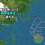 台風14号　熱帯低気圧に変わる