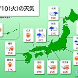 10日　九州～関東は次第に天気回復　汗ばむ陽気に　北陸や東北は断続的に雨や雷雨